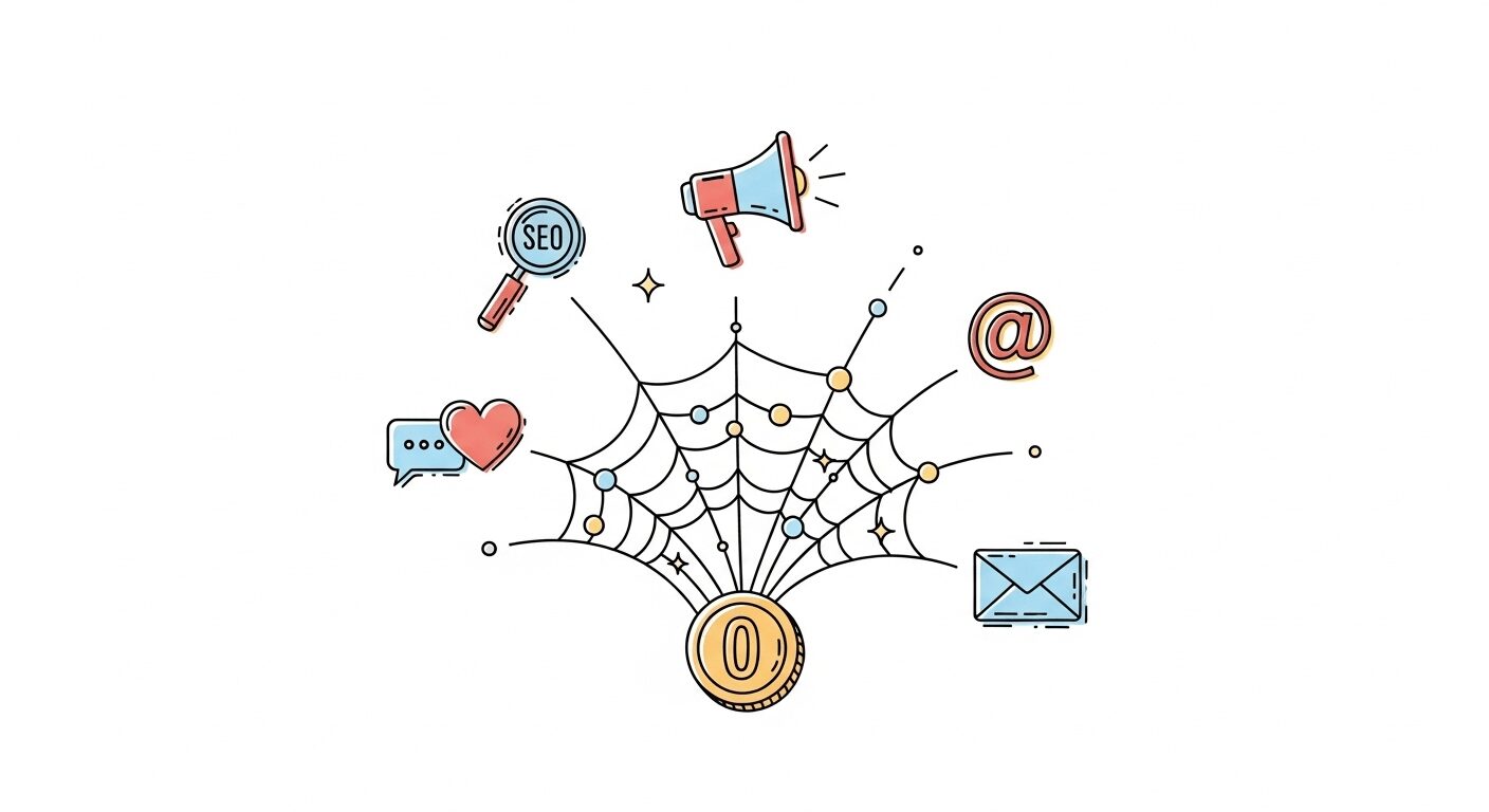 Teia digital com ícones de SEO, redes sociais e email marketing. Ilustra estratégias de marketing digital para promover negócio online sem gastar muito