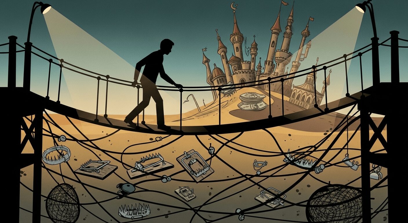 Pessoa caminha em ponte precária, evitando armadilhas e promessas irreais de cursos de marketing de afiliados duvidosos