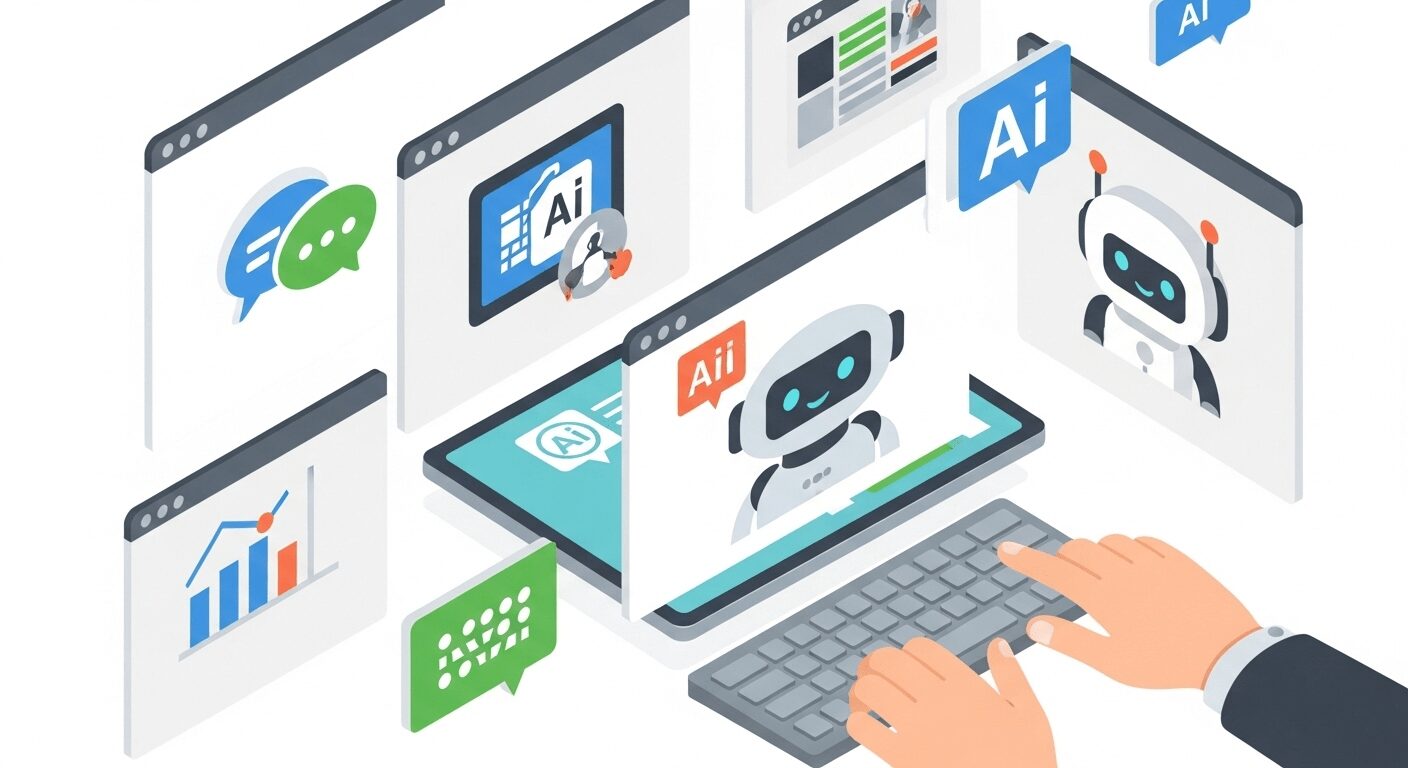 Ferramentas de IA para marketing de afiliados: Bancada digital com ícones de ferramentas de IA, mostrando automação e otimização de ganhos