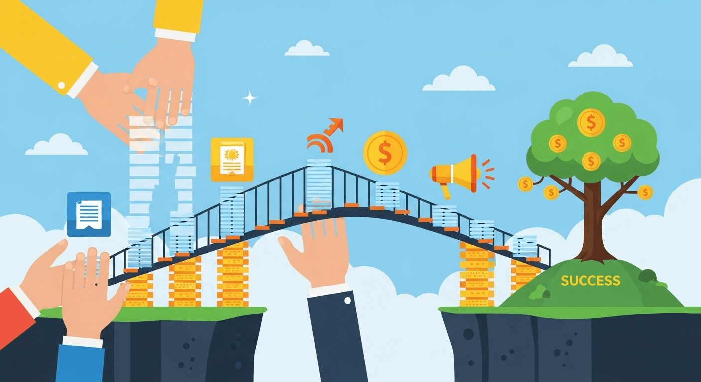 Mãos construindo uma ponte digital com blocos de marketing digital, representando os fundamentos para ganhar dinheiro online