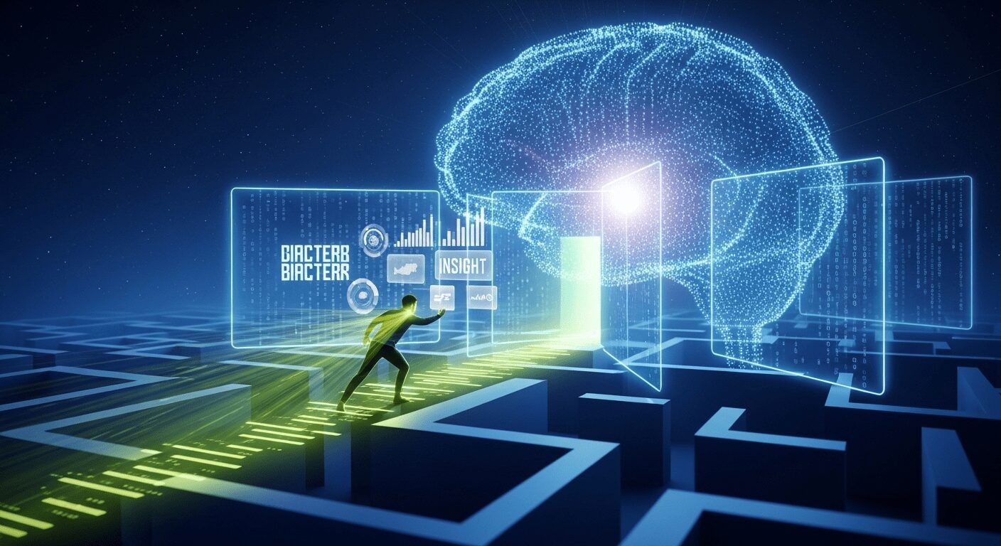 IA no Marketing Digital: Figura humana determinada navegando em um cenário digital complexo, com caminhos iluminados por dados. Superação de desafios e novas estratégias