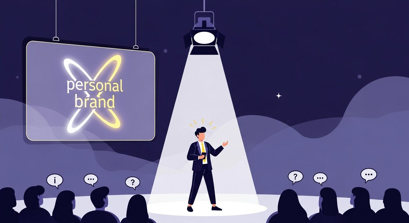 Freelancer apresentando sua marca pessoal em destaque, utilizando marketing eficaz para atrair o primeiro cliente e se posicionar