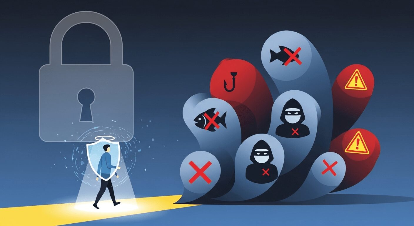 Pessoa em um caminho iluminado evitando armadilhas online, simbolizando a importância da segurança e proteção para ganhar dinheiro na internet de forma segura