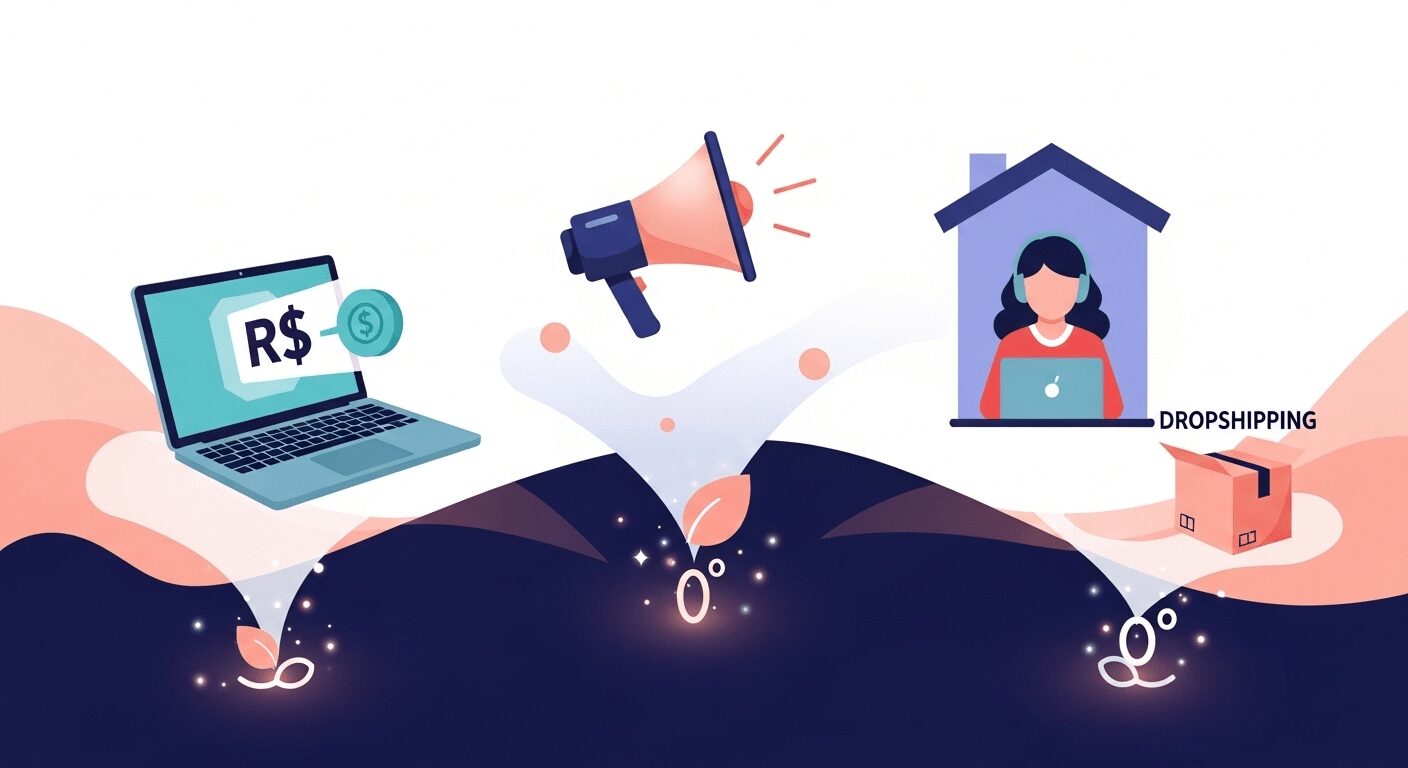 Ícones de negócios online (afiliados, freelancer, dropshipping) emergindo de um ponto inicial. Representa modelos de negócio online do zero e ganhar dinheiro sem investimento