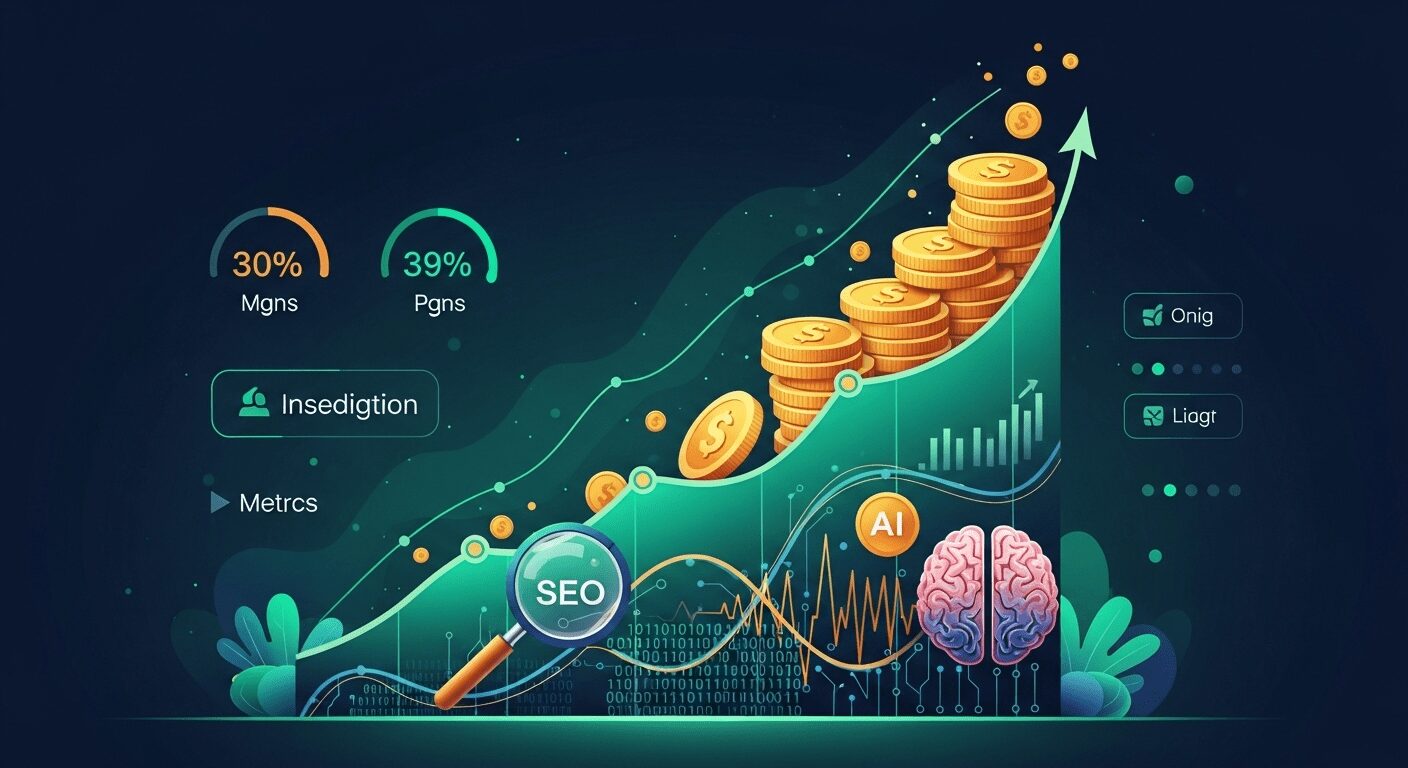 Gráfico ascendente com elementos de SEO e IA, transformando-se em moedas, simbolizando lucro
