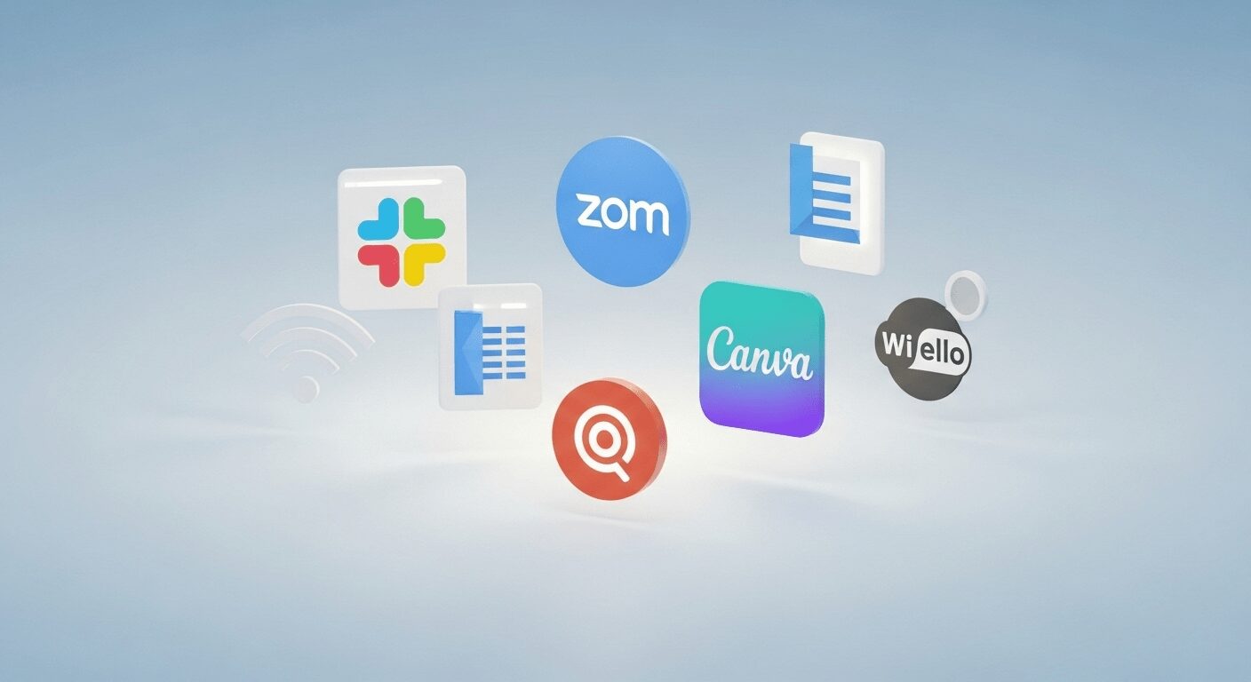 Kit de ferramentas digitais flutuantes: ícones 3D de softwares e plataformas gratuitos essenciais para iniciar o trabalho remoto em casa