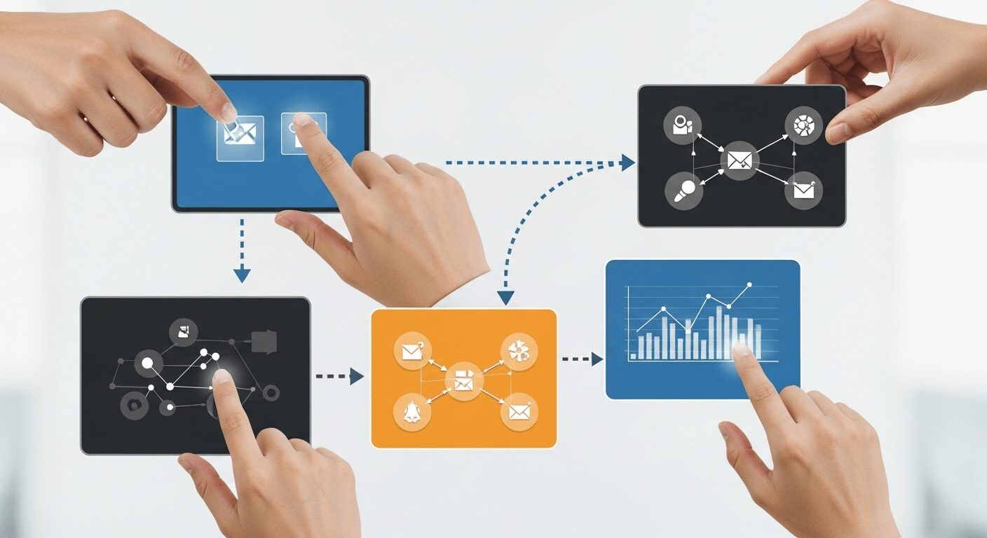 Mãos ensinando o passo a passo para usar ferramentas de automação de marketing digital grátis, mostrando progresso