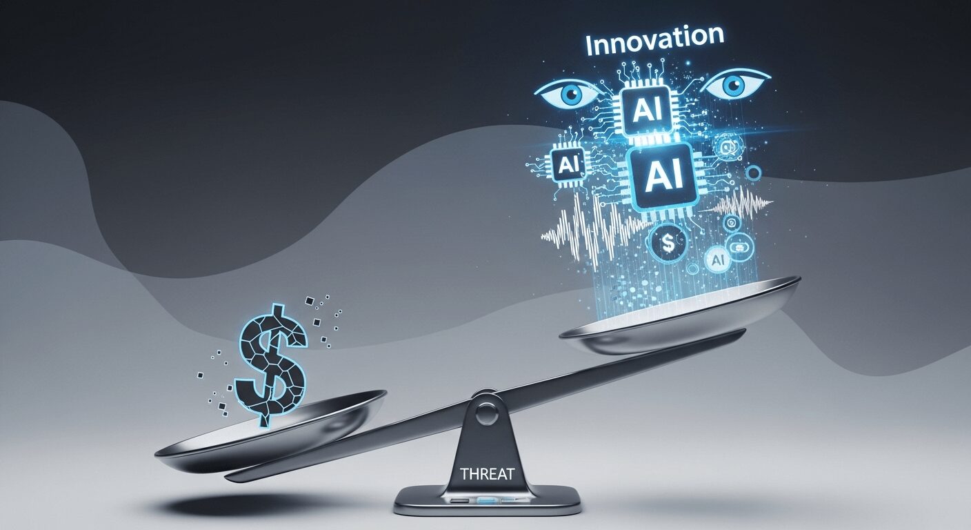 Paradoxo da IA e monetização de conteúdo. Balança digital mostrando tensão entre inovação tecnológica e receita do blog