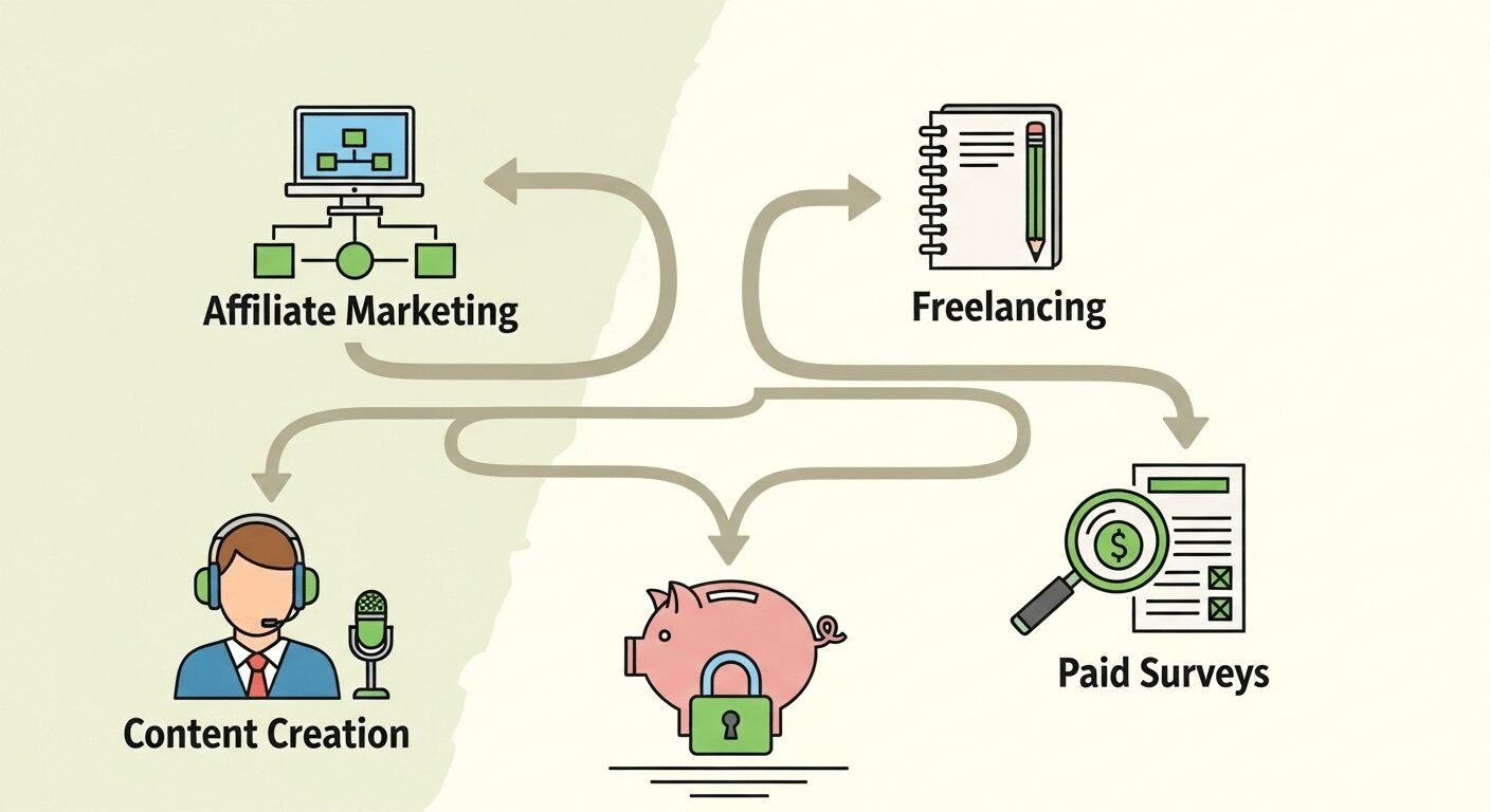 Infográfico de roteiro completo, mostrando métodos comprovados como marketing de afiliados e freelancing para ganhar dinheiro na internet sem investir nada