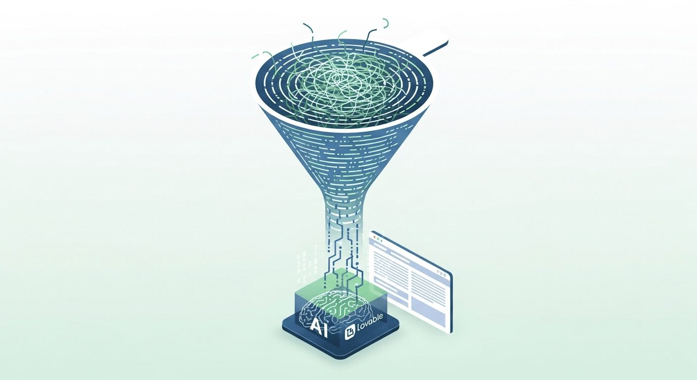 Ilustração da plataforma Lovable simplificando a criação de sites com IA, transformando código complexo em interfaces visuais com facilidade