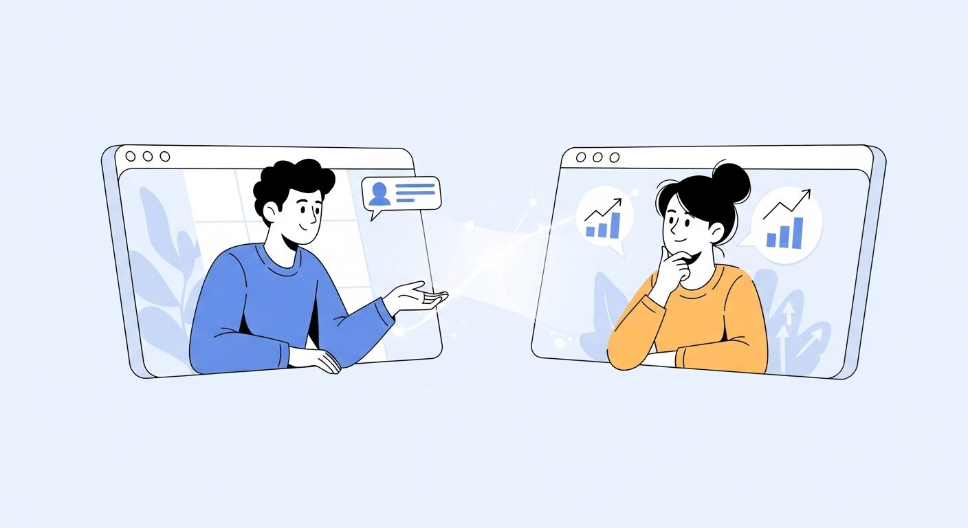 Duas pessoas em chamada de vídeo, uma mentora a outra. Representa consultoria online para ganhar dinheiro em casa e transformar vidas