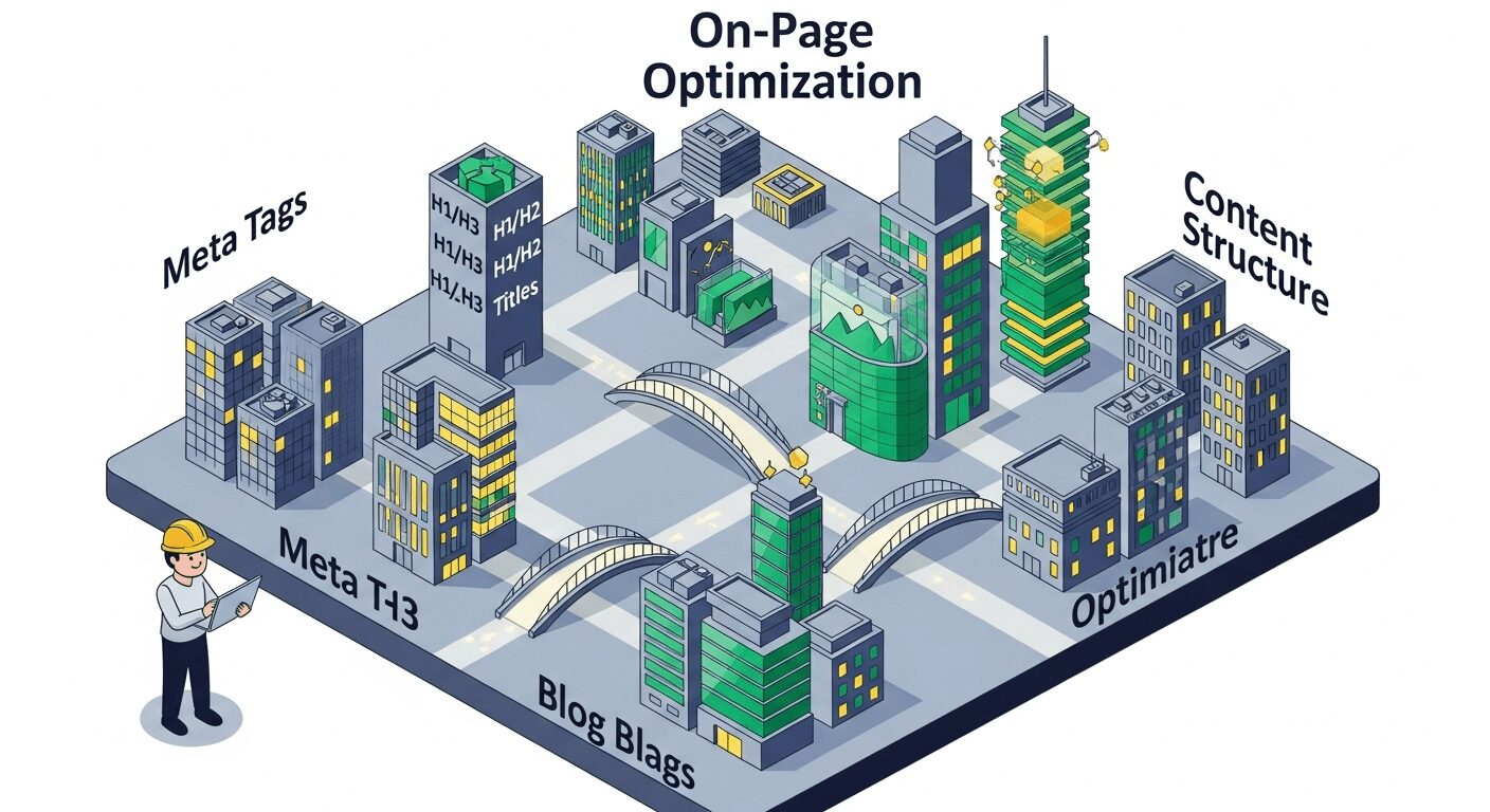 Criação de uma cidade digital com elementos de otimização on-page interconectados. Mostra como funciona o SEO para impulsionar o ranqueamento do blog