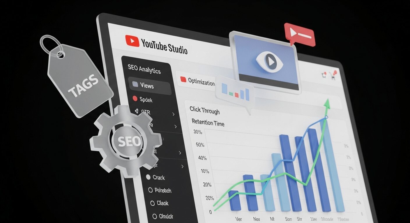 Tela de análise do YouTube com gráficos de crescimento, ilustrando as dicas de SEO para YouTube que aumentam o alcance de um vídeo review