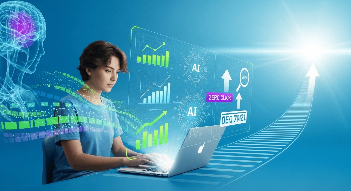 Otimização para Busca com IA: Pessoa usa laptop com holograma mostrando gráficos de SEO, IA e seta vencendo zero-click