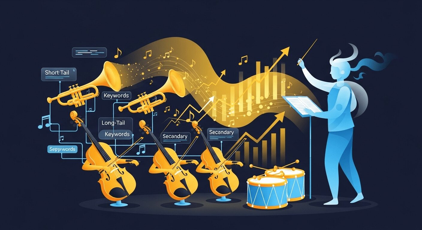 Orquestra de palavras-chave digitais, com maestro guiando termos curtos e de cauda longa, gerando ranqueamento e lucro para seu blog. Otimizar blog