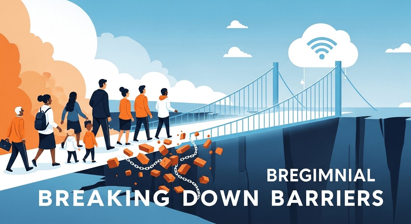 Pessoas cruzando uma ponte digital sobre barreiras financeiras, simbolizando como a internet oferece renda online gratuita para iniciantes sem capital