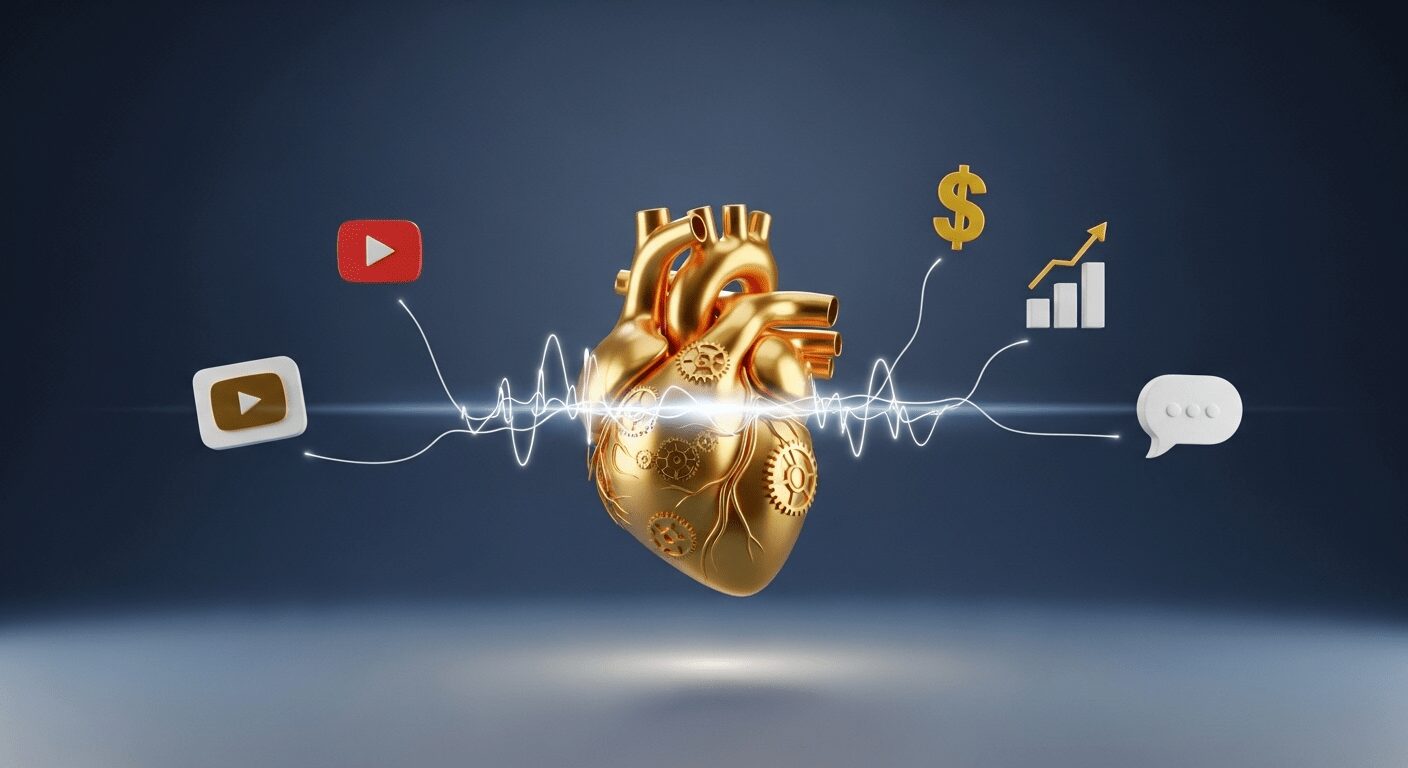 Ilustração de um coração de engrenagens douradas, mostrando a estrutura de vídeo review como o motor para o sucesso de um afiliado no YouTube