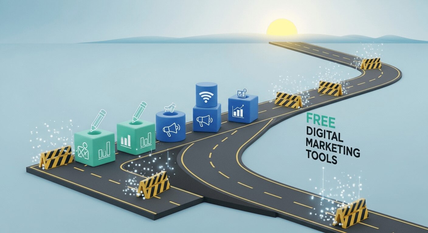 Estrada digital se abrindo, com ferramentas de marketing digital gratuito removendo barreiras financeiras para iniciantes