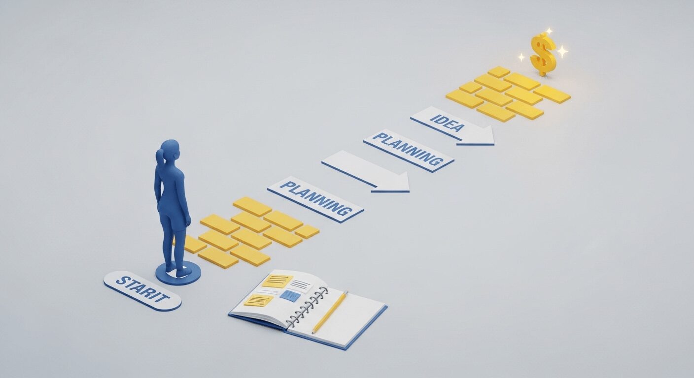 Pessoa em trilha de tijolos dourados com símbolos de planejamento e ideias. Ilustra primeiros passos negócio online e planejamento com pouco dinheiro