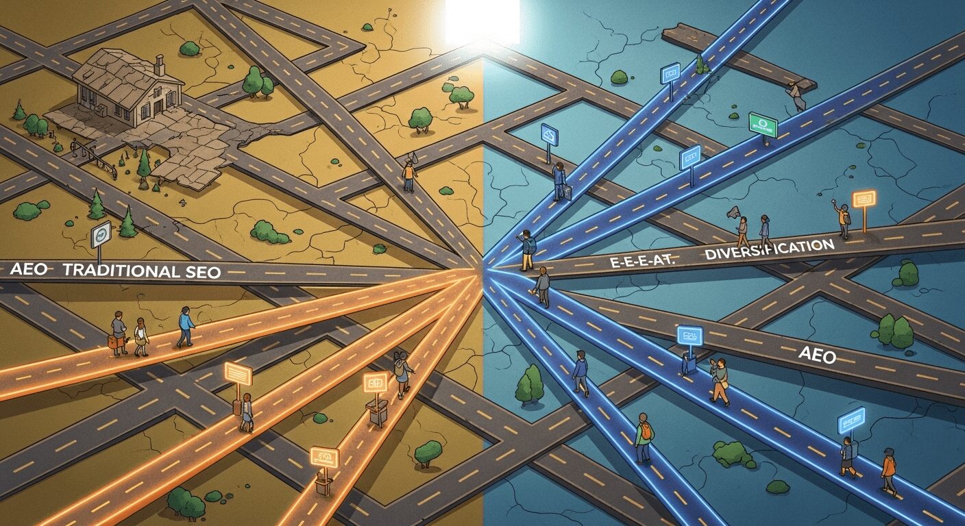 Descubra novas estratégias de SEO para blogs na era da IA. Um mapa de estradas guiando para otimização tradicional, AEO e sucesso duradouro
