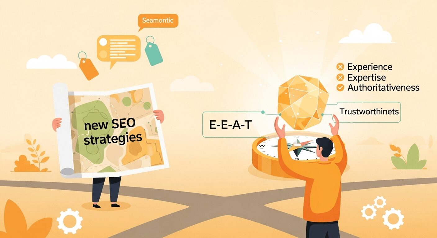 Impacto da IA no SEO: Pessoa com mapa e cristal E-E-A-T em encruzilhada digital. Novas estratégias de otimização de conteúdo