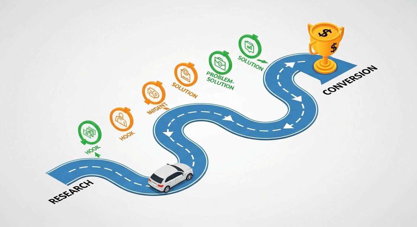 Infográfico mostrando o passo a passo de um roteiro para review de produto, uma jornada do gancho inicial até a conversão final em vendas