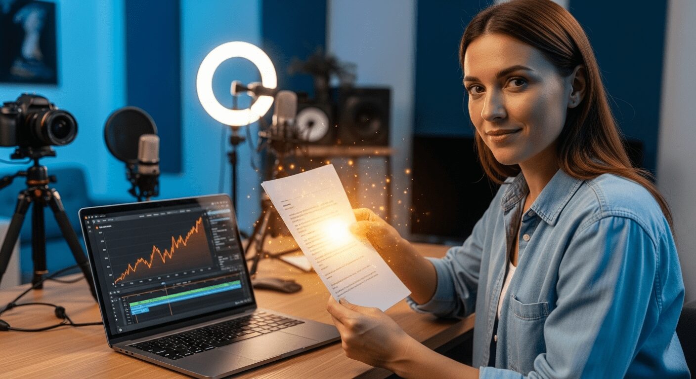 Criadora de conteúdo segura um roteiro de vídeo review para canal de afiliado brilhante, com um gráfico de vendas subindo em seu laptop