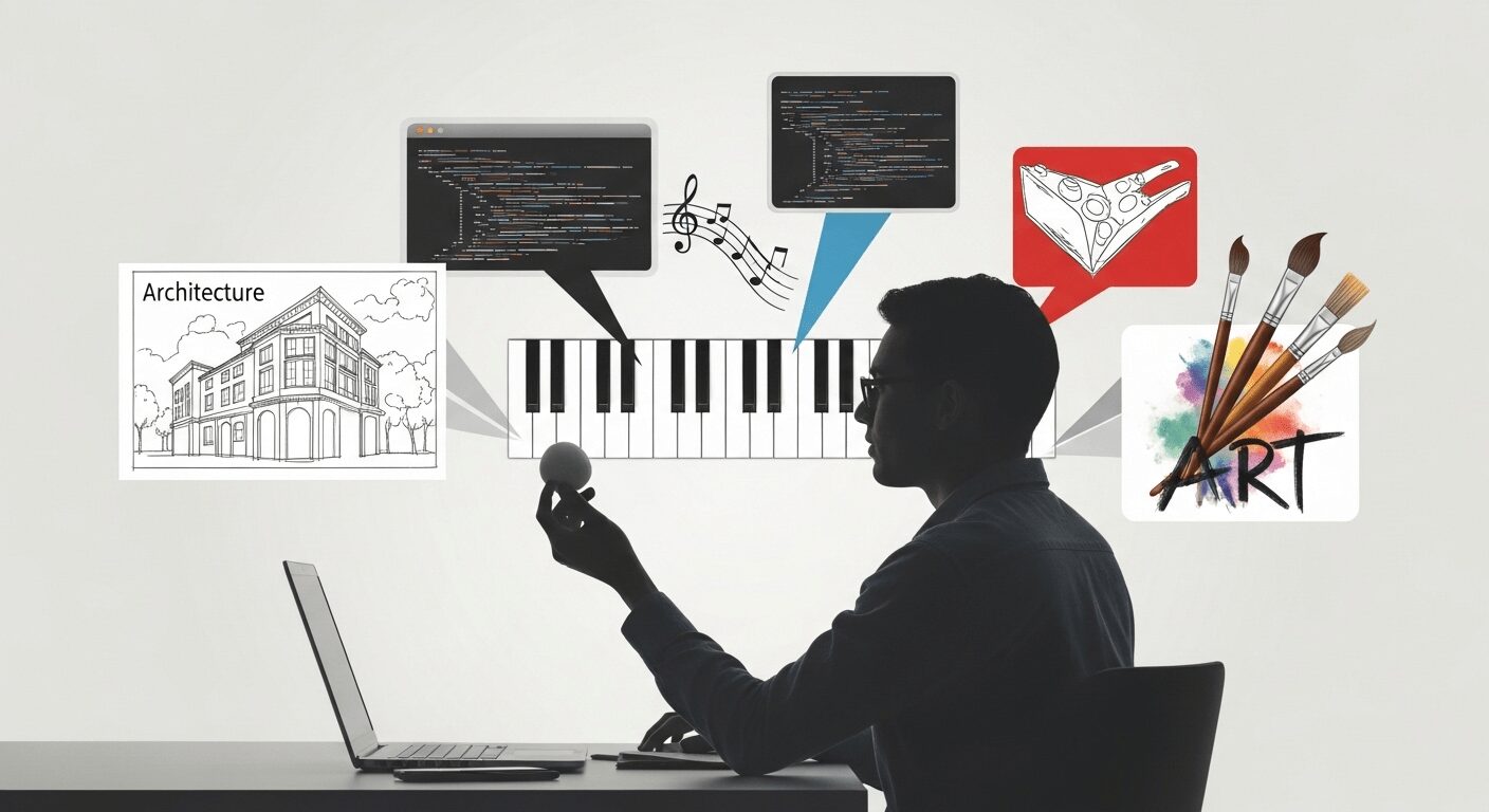 Pessoa freelancer escolhe entre diversas habilidades: design, música, código. Mostra liberdade em trabalhos online para ganhar dinheiro em casa