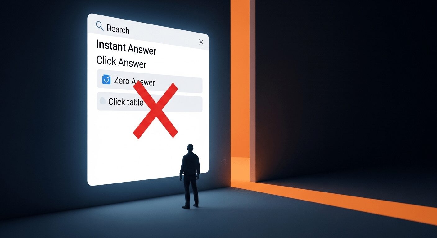 Pessoa diante de parede digital de zero-click search, com fresta luminosa mostrando um novo caminho