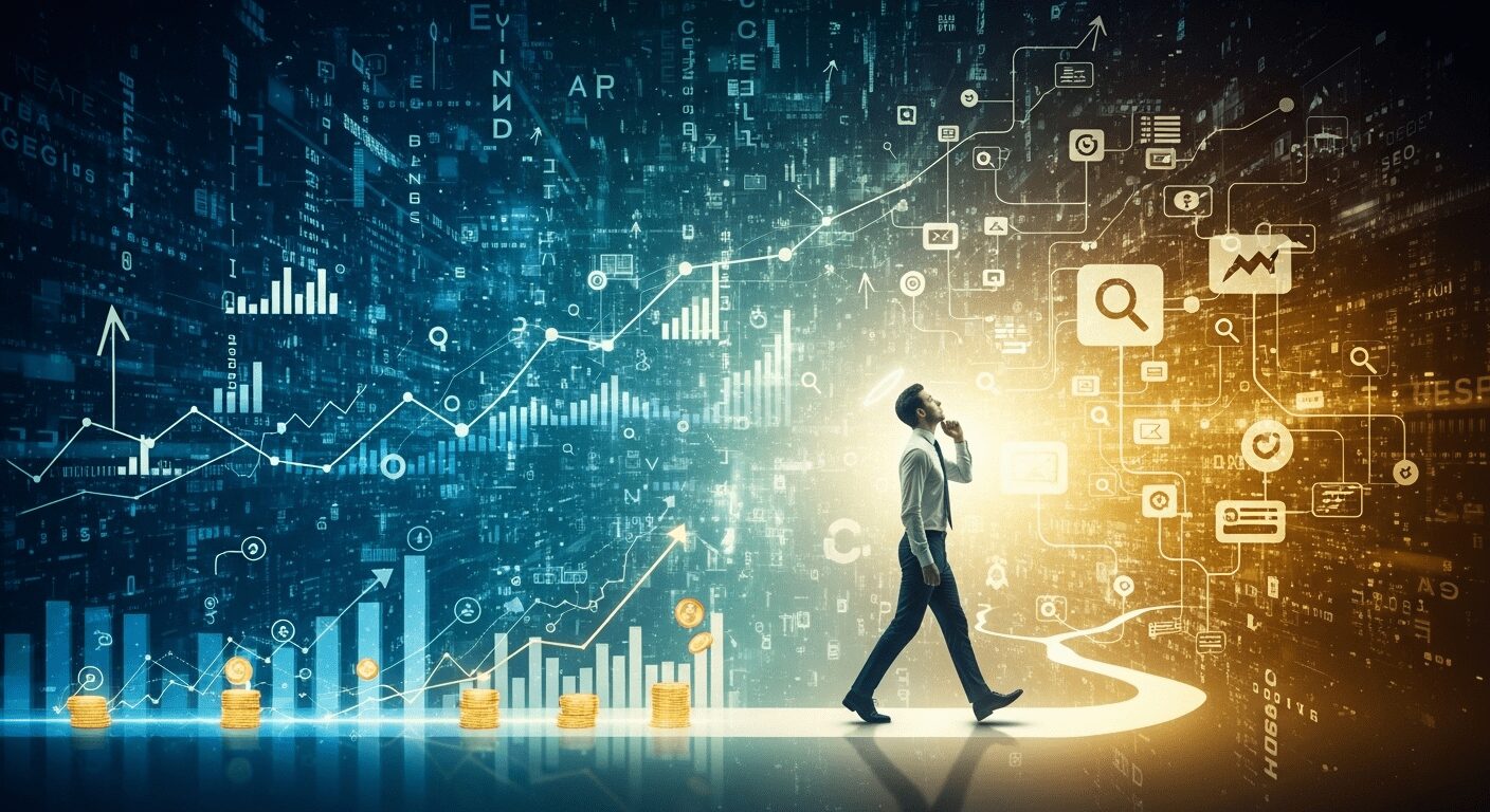 Jovem empreendedor em um caminho claro e iluminado, navegando pela complexidade do SEO rumo a um blog lucrativo. Desvenda como funciona o SEO e ganhar dinheiro