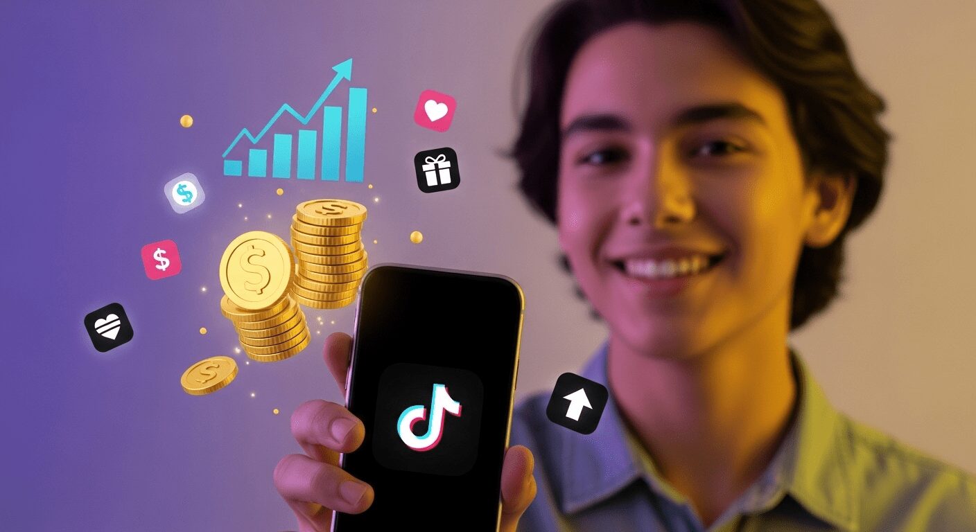 Jovem alegre lucrando no TikTok com smartphone, gráficos e moedas. Descobre como ganhar dinheiro no TikTok e alcançar sucesso