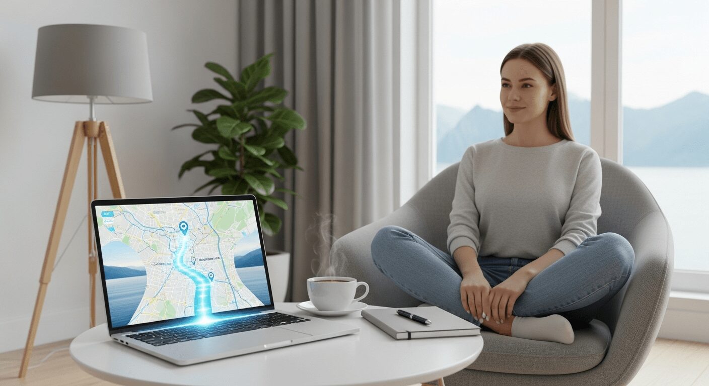Pessoa sorrindo em um home office elegante, olhando para um mapa digital no laptop que simboliza a clareza e liberdade do trabalho remoto. Ambiente inspirador