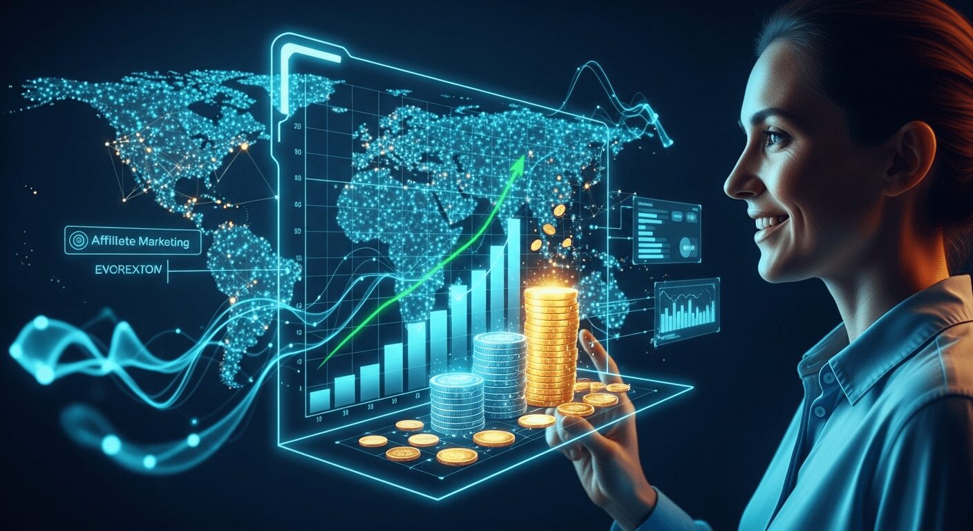 Como usar IA no marketing de afiliados: Pessoa confiante interage com painel holográfico de lucros, simbolizando prosperidade e facilidade