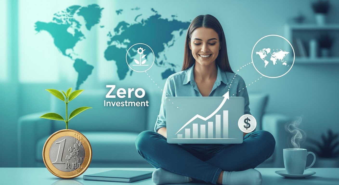 Mulher jovem sorrindo em home office, laptop com gráfico de crescimento, planta em moeda. Representa empreendedorismo digital iniciantes, liberdade e sucesso com pouco investimento