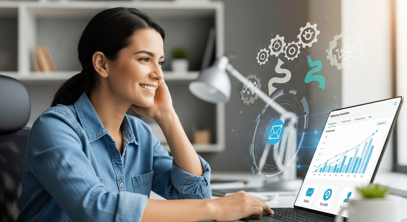 Empreendedora otimiza tarefas com ferramentas de automação de marketing, impulsionando crescimento e eficiência para sua pequena empresa