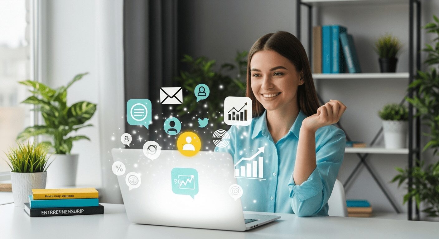 Jovem empreendedora usando ferramentas de marketing digital gratuito em laptop, feliz com o sucesso e crescimento do negócio
