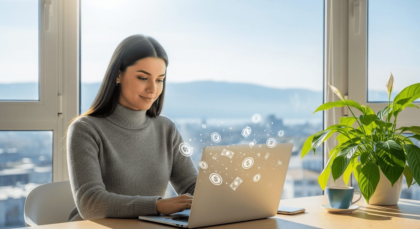 Mulher sorridente trabalha em laptop em casa, vista para paisagem ensolarada. Simboliza como ganhar dinheiro trabalhando em casa e liberdade