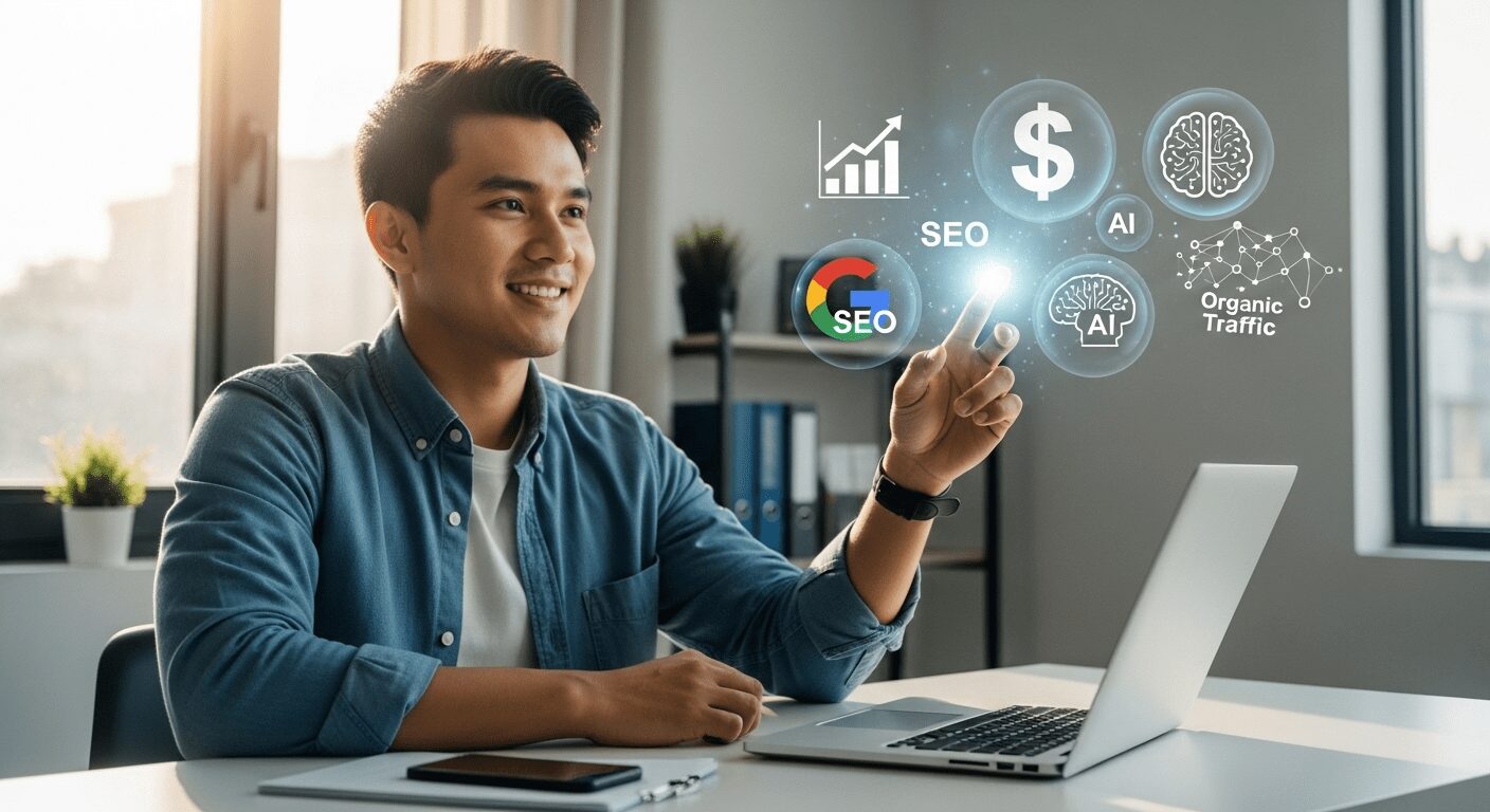 Jovem confiante trabalhando com marketing digital, com projeções holográficas de SEO, IA e lucro, simbolizando como ganhar dinheiro