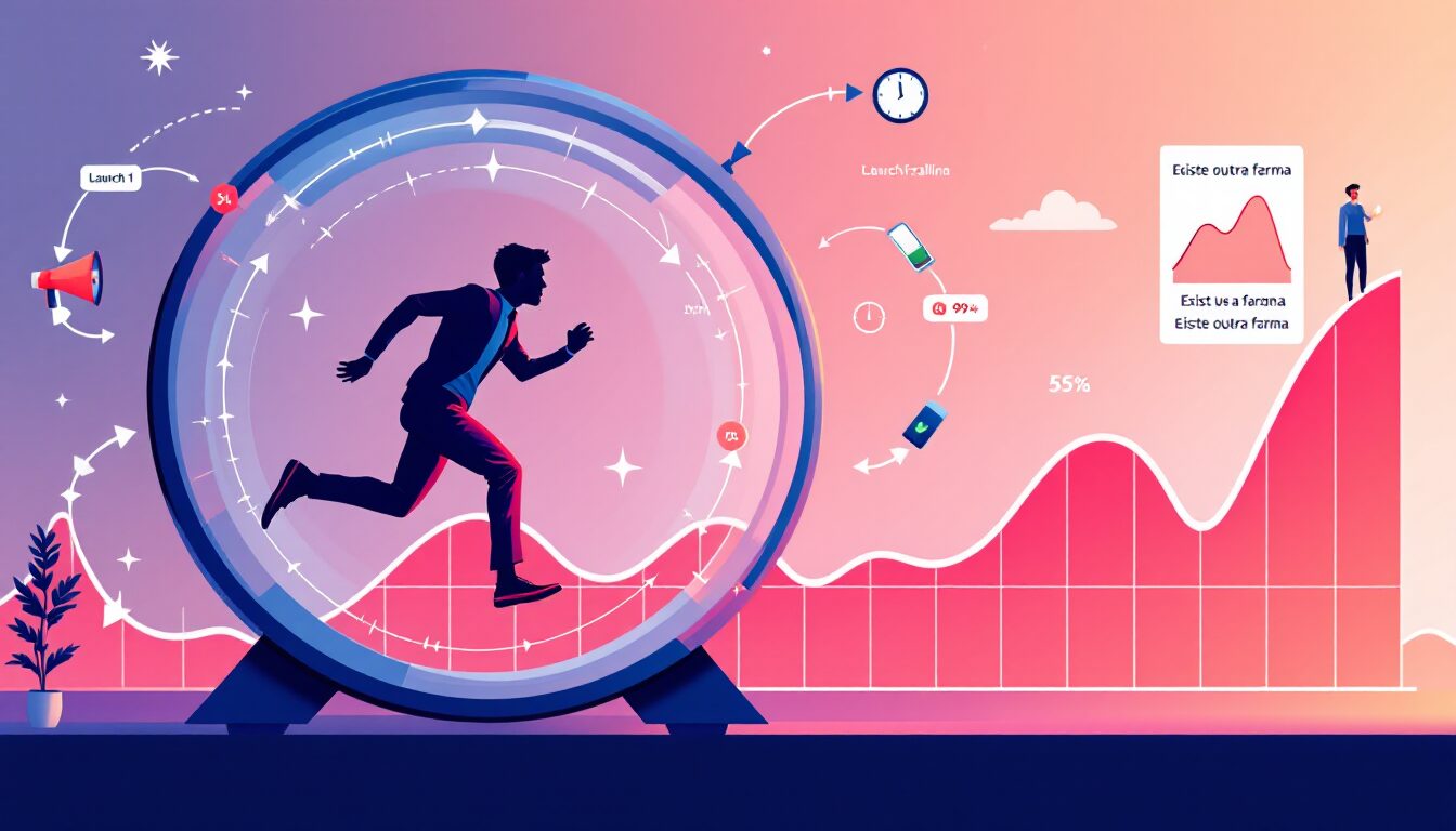 Ilustração de empreendedor preso em ciclo vicioso de modelo de lançamentos com gráfico de receita instável no marketing digital