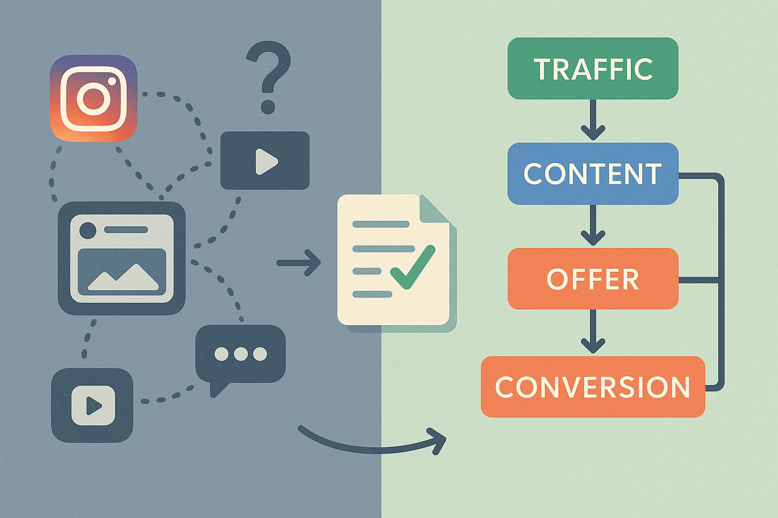 Diagrama visual mostrando transformação de vendas caóticas em processo replicável documentado para afiliados