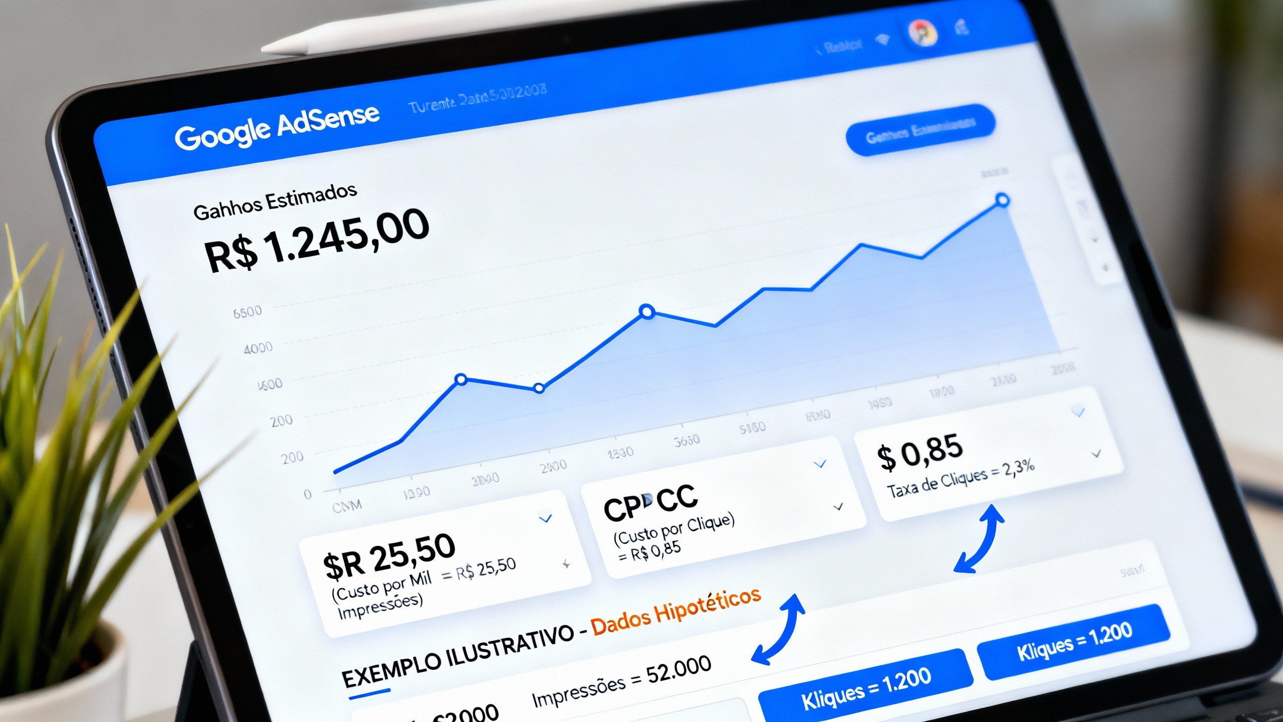 Painel do Google AdSense com receita mensal de anúncios para blogs, destacando RPM e CTR como indicadores de tráfego qualificado