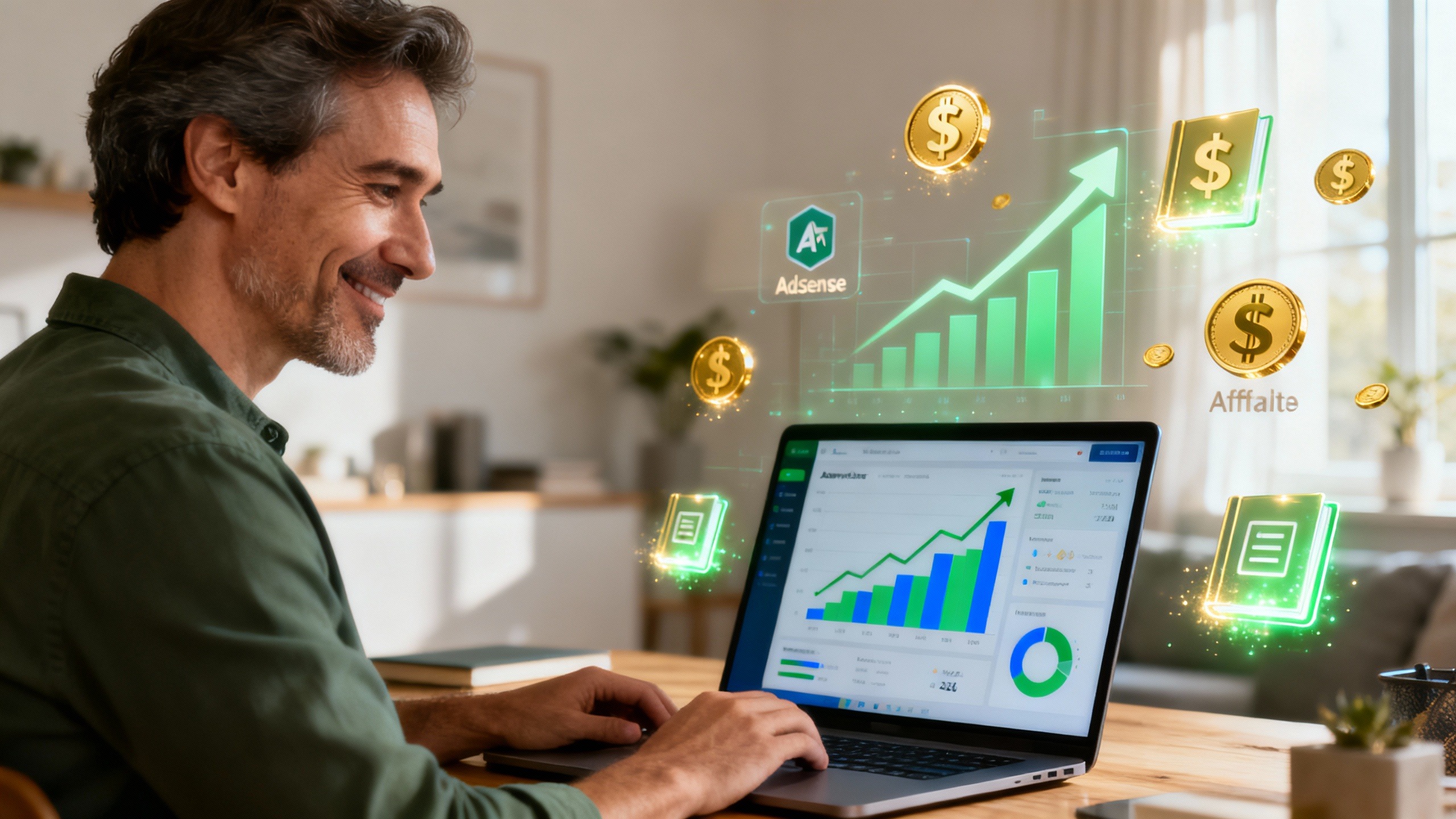 Blogueiro analisando dashboard de receita com gráficos ascendentes no laptop, cercado por ícones de monetização: blog ainda dá dinheiro