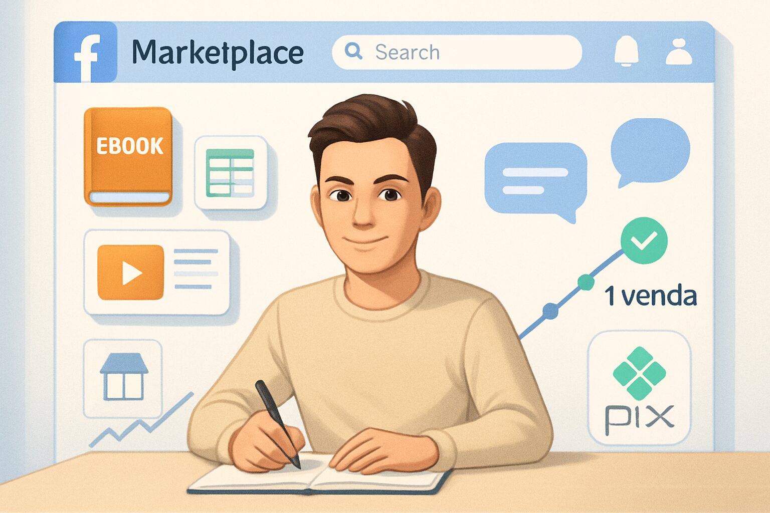 como vender produtos digitais no facebook marketplace passo a passo para iniciantes com rota visual de 7 dias, messenger, prova social e pagamento via pix