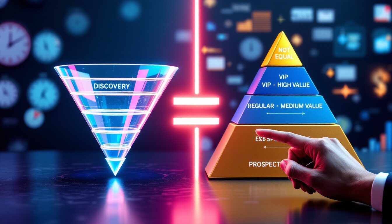 Diferença entre funil de vendas temporal e pirâmide de clientes por valor com símbolo de desigualdade em destaque