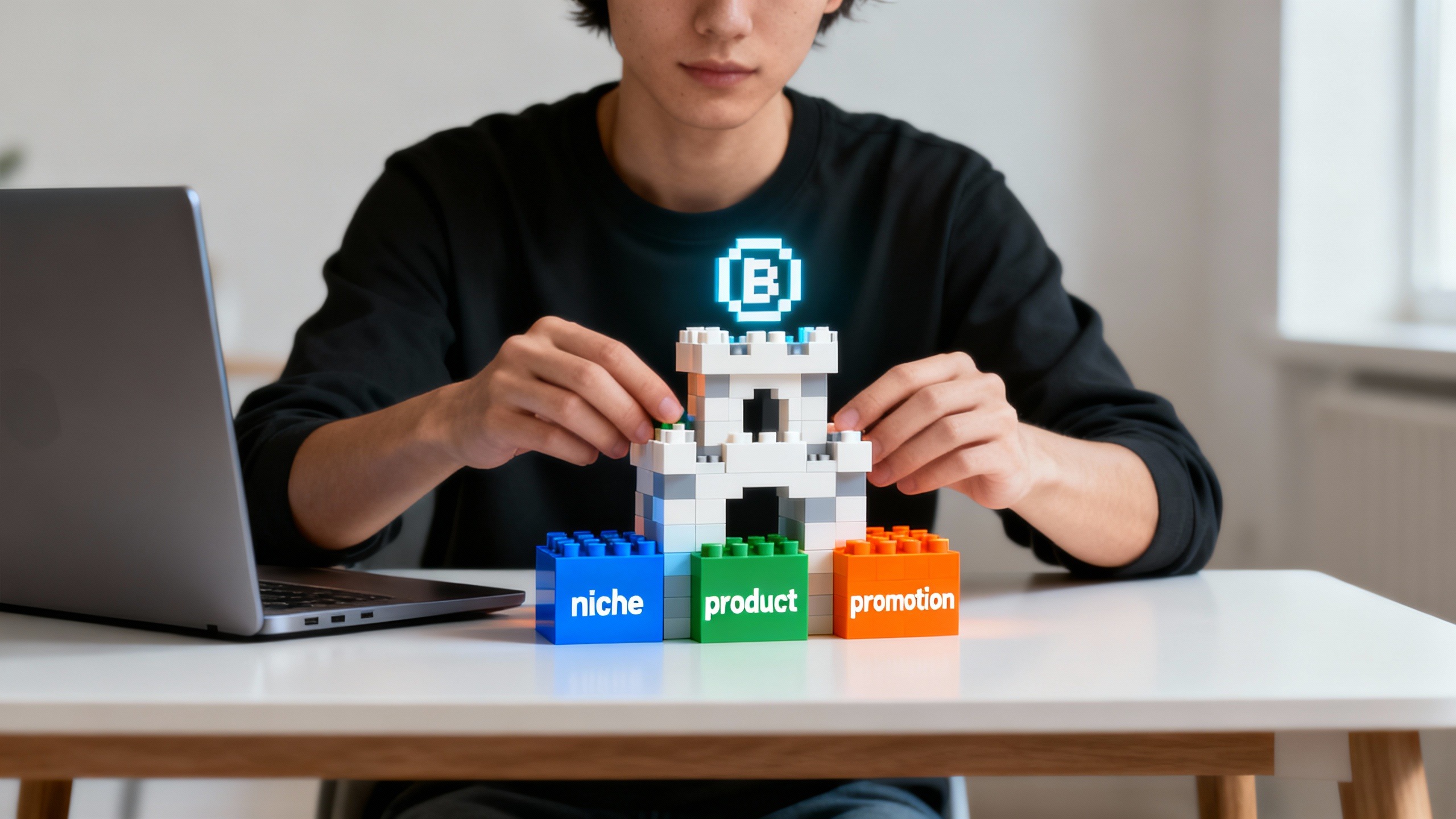 Pessoa construindo negócio online do zero com blocos digitais, representando como começar sem dinheiro.