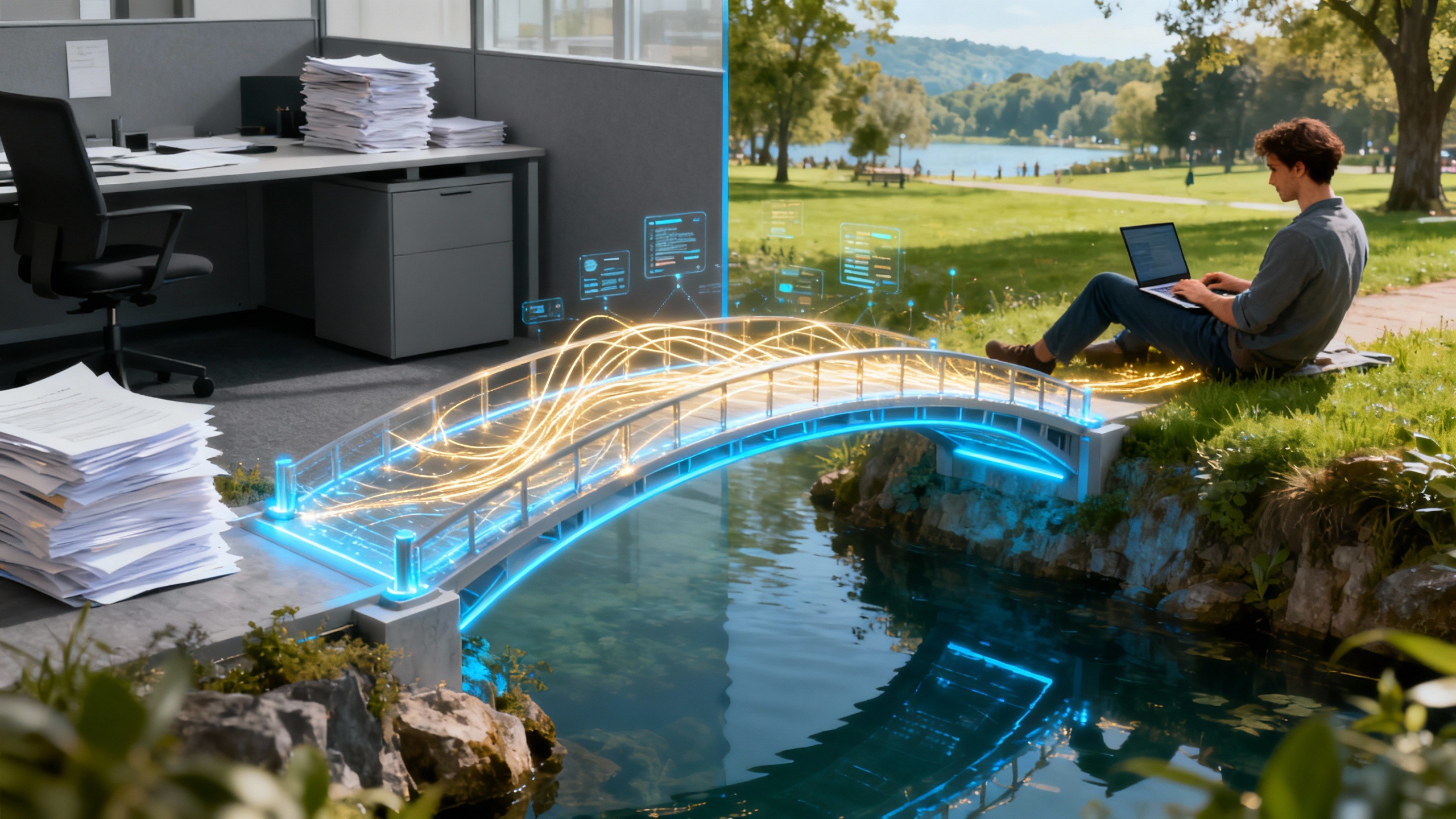 Ponte digital conectando trabalho tradicional a oportunidades de renda extra online sem custo inicial.Para a Seção: Métodos Comprovados para Trabalhar em Casa Sem Gastar Nada