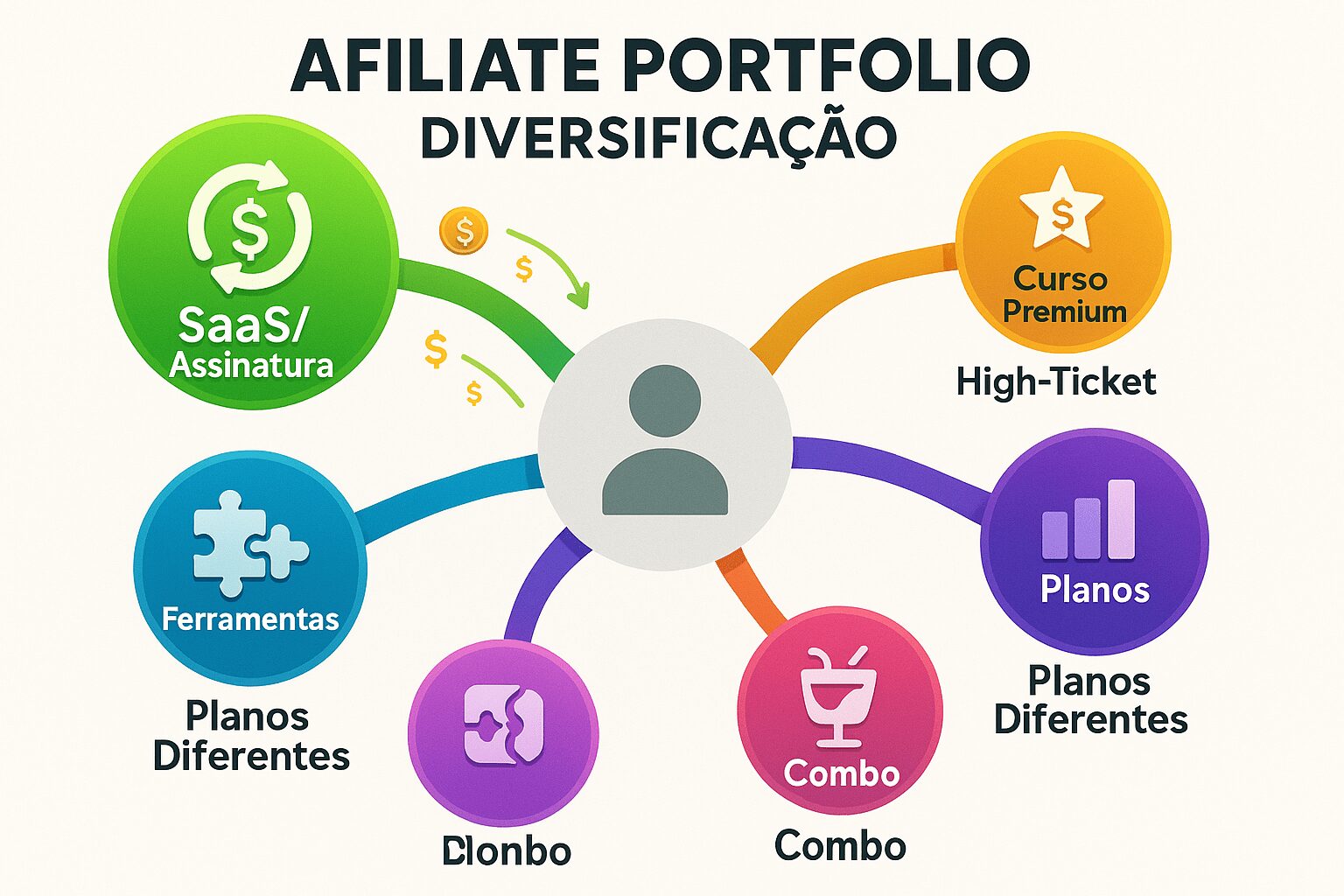 Diagrama de diversificação estratégica mostrando múltiplos produtos e fontes de receita para afiliados escalar