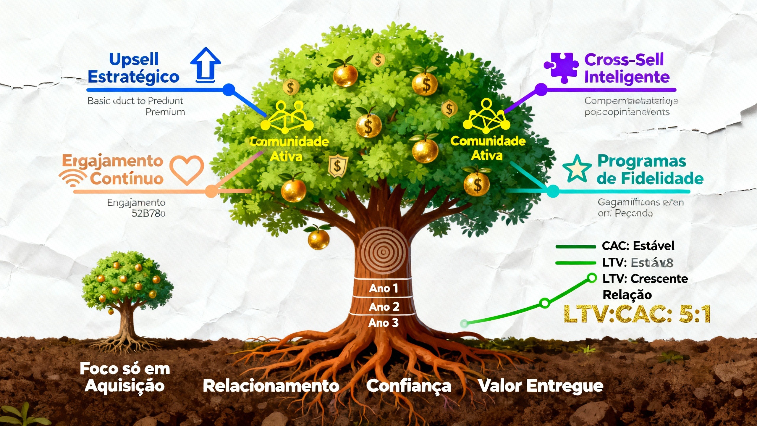 Árvore de valor ilustrando estratégias para aumentar lifetime value sem aumentar custos de aquisição em negócios digitais