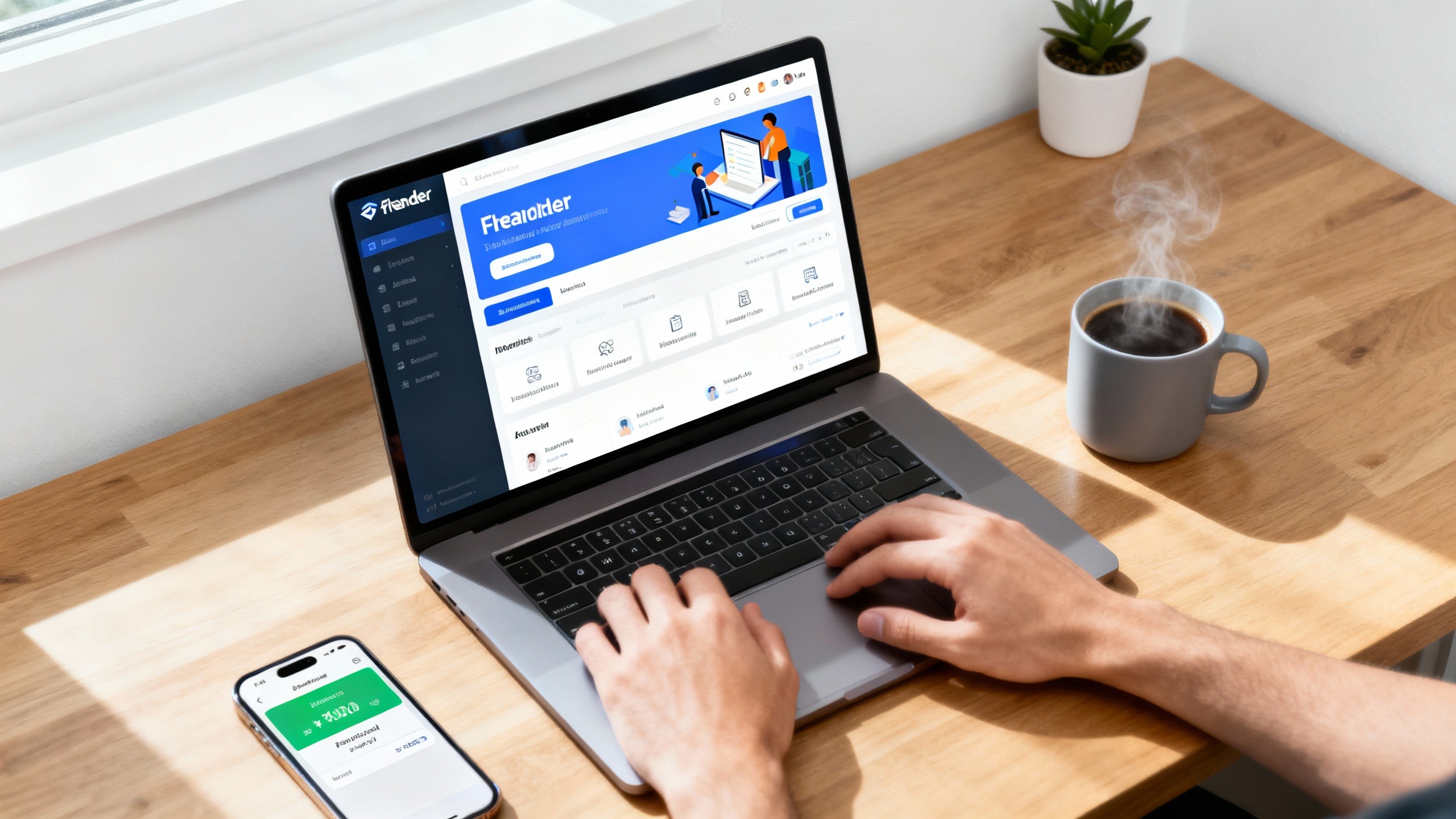 Mãos digitando em laptop com notificação de pagamento recebido, representando ganhos digitais anônimos em ambiente de home office seguro