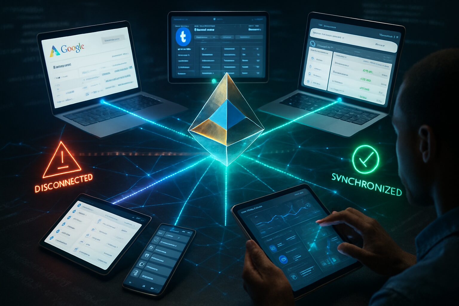 Integração de pirâmide de clientes com ferramentas de marketing digital mostrando conexões entre CRM, Google Ads, Facebook Ads e automação